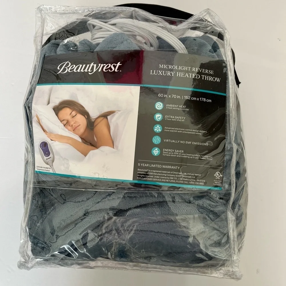 Beautyrest Blue Heated Plush Throw